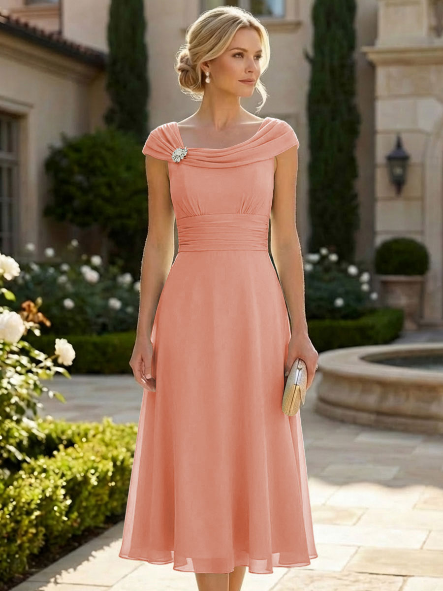 Lightweight Sheath Tea-Length Chiffon Mother of the Bride & Groom Dresses with Cowl Neck & Ruched Waist (SHI22500689)