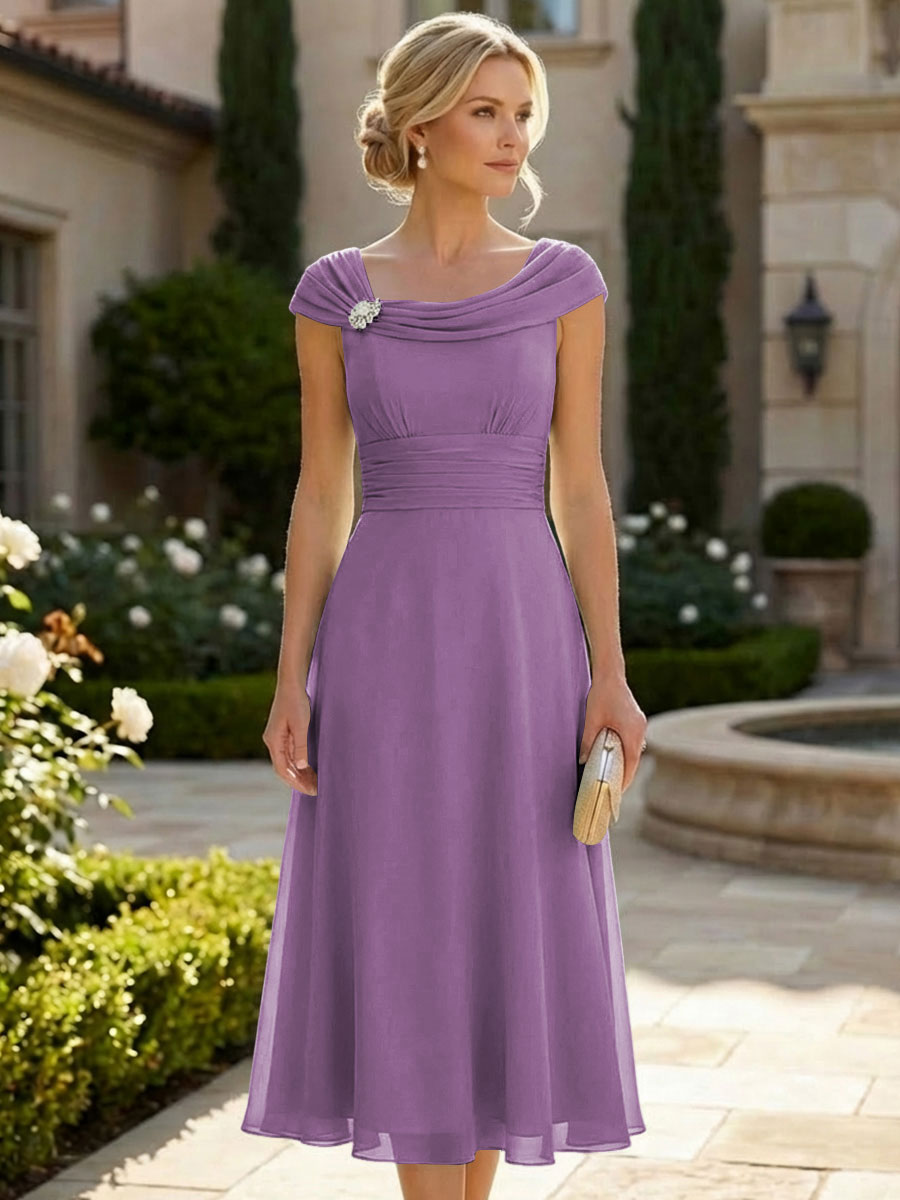 Lightweight Sheath Tea-Length Chiffon Mother of the Bride & Groom Dresses with Cowl Neck & Ruched Waist (SHI22500689)