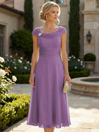 Lightweight Sheath Tea-Length Chiffon Mother of the Bride & Groom Dresses with Cowl Neck & Ruched Waist (SHI22500689)