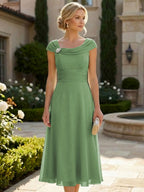 Lightweight Sheath Tea-Length Chiffon Mother of the Bride & Groom Dresses with Cowl Neck & Ruched Waist (SHI22500689)
