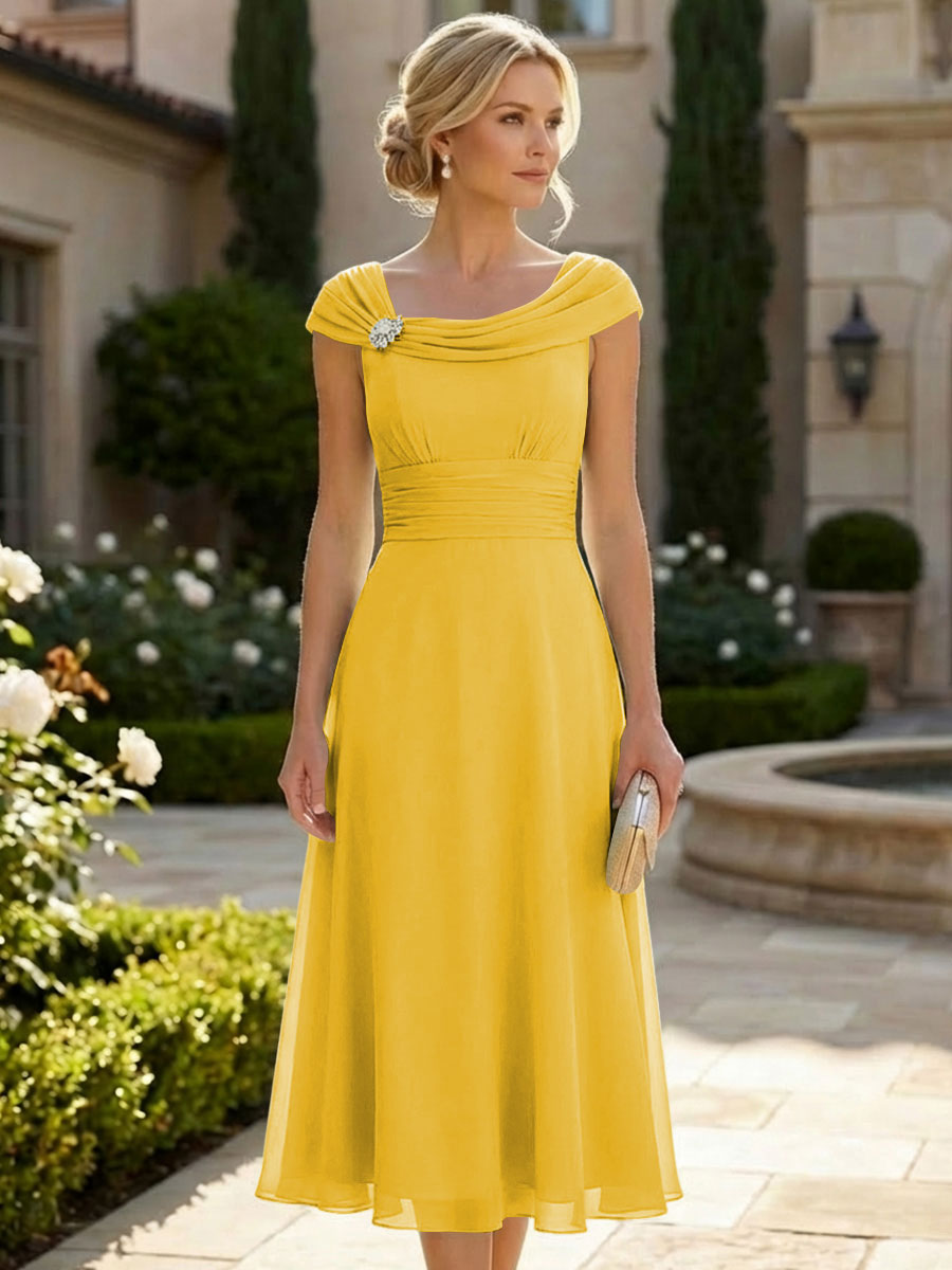 Lightweight Sheath Tea-Length Chiffon Mother of the Bride & Groom Dresses with Cowl Neck & Ruched Waist (SHI22500689)