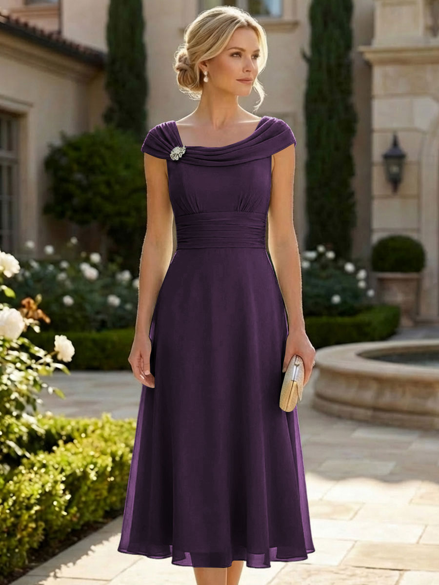 Lightweight Sheath Tea-Length Chiffon Mother of the Bride & Groom Dresses with Cowl Neck & Ruched Waist (SHI22500689)