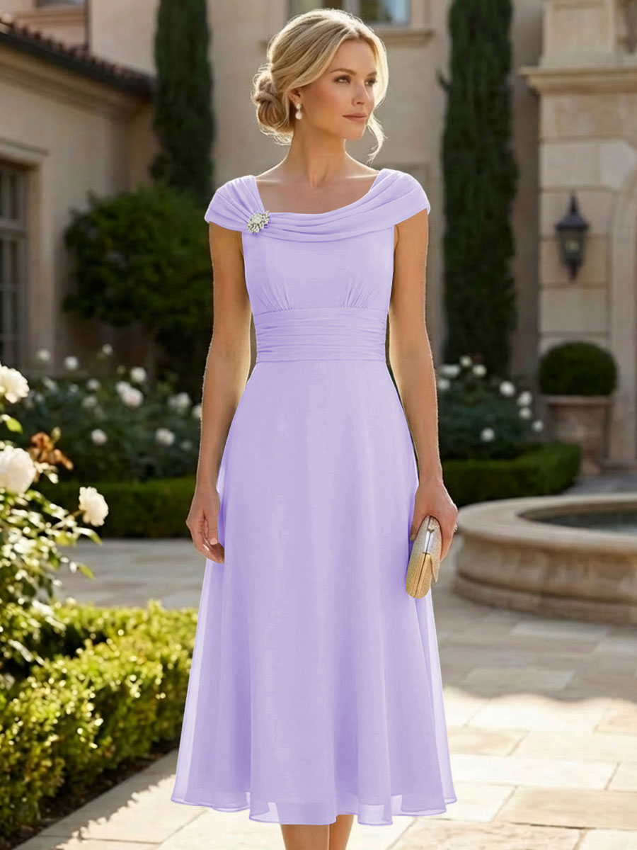 Lightweight Sheath Tea-Length Chiffon Mother of the Bride & Groom Dresses with Cowl Neck & Ruched Waist (SHI22500689)