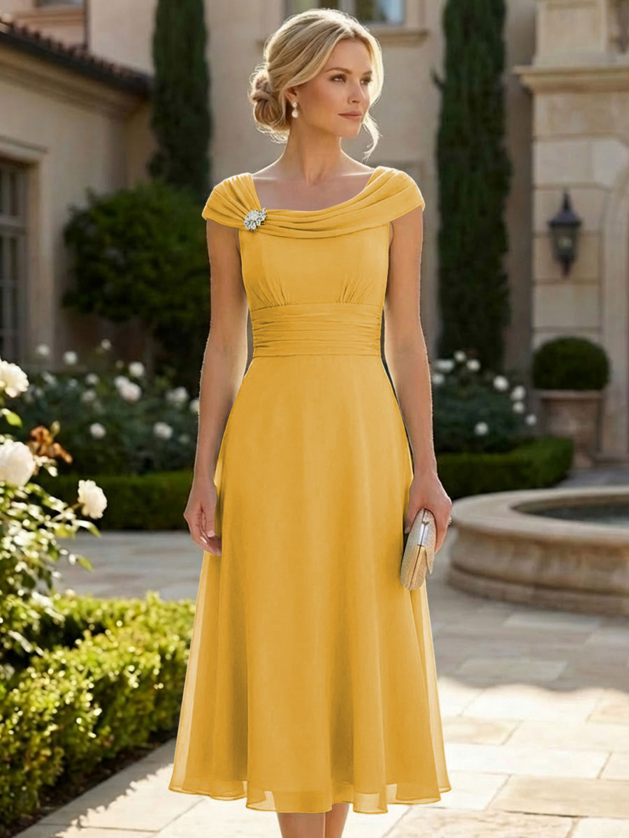 Lightweight Sheath Tea-Length Chiffon Mother of the Bride & Groom Dresses with Cowl Neck & Ruched Waist (SHI22500689)