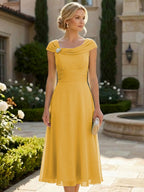Lightweight Sheath Tea-Length Chiffon Mother of the Bride & Groom Dresses with Cowl Neck & Ruched Waist (SHI22500689)