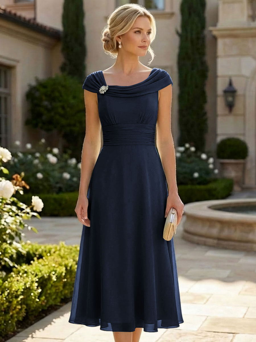 Lightweight Sheath Tea-Length Chiffon Mother of the Bride & Groom Dresses with Cowl Neck & Ruched Waist (SHI22500689)