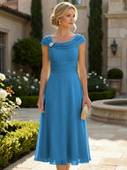Lightweight Sheath Tea-Length Chiffon Mother of the Bride & Groom Dresses with Cowl Neck & Ruched Waist (SHI22500689)