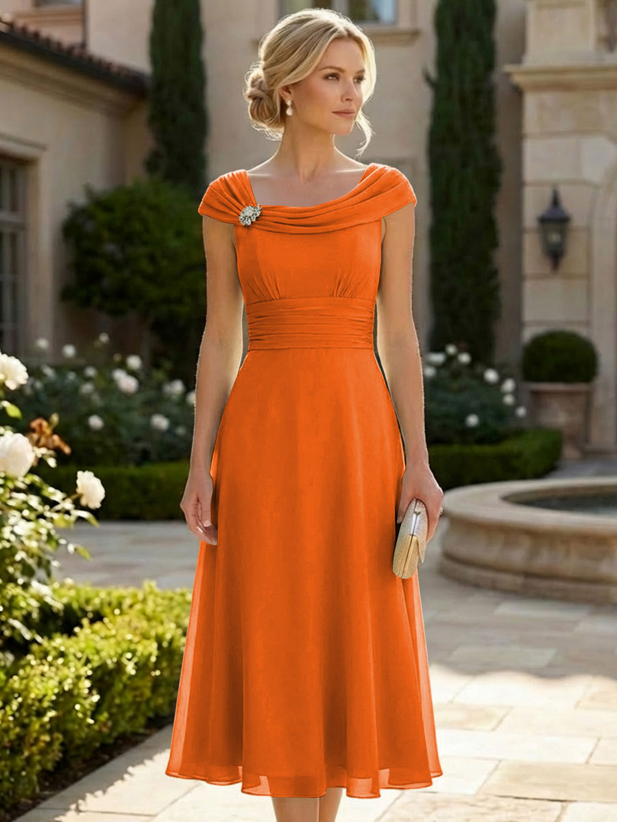 Lightweight Sheath Tea-Length Chiffon Mother of the Bride & Groom Dresses with Cowl Neck & Ruched Waist (SHI22500689)