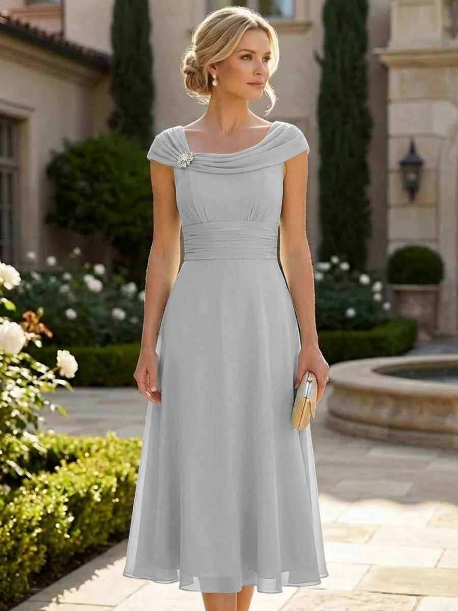 Lightweight Sheath Tea-Length Chiffon Mother of the Bride & Groom Dresses with Cowl Neck & Ruched Waist (SHI22500689)