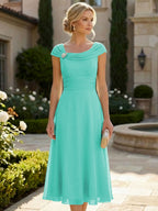 Lightweight Sheath Tea-Length Chiffon Mother of the Bride & Groom Dresses with Cowl Neck & Ruched Waist (SHI22500689)