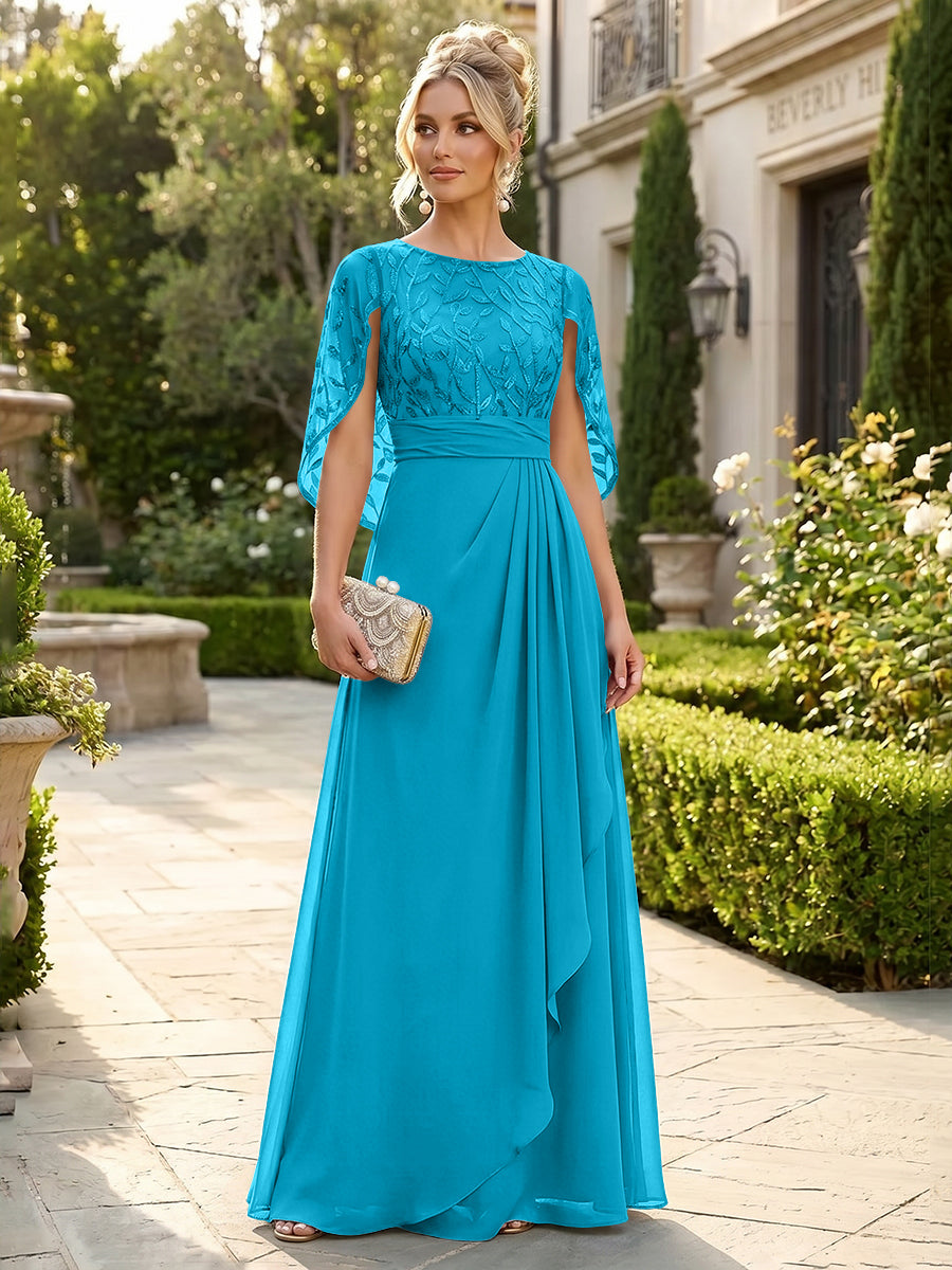A-Line Chiffon Cape Sleeves Floor-Length Mother of the Bride & Groom Dresses with Floral Sequin Bodice (SHI22500691)