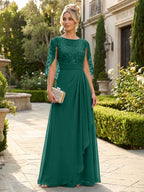 A-Line Chiffon Cape Sleeves Floor-Length Mother of the Bride & Groom Dresses with Floral Sequin Bodice (SHI22500691)