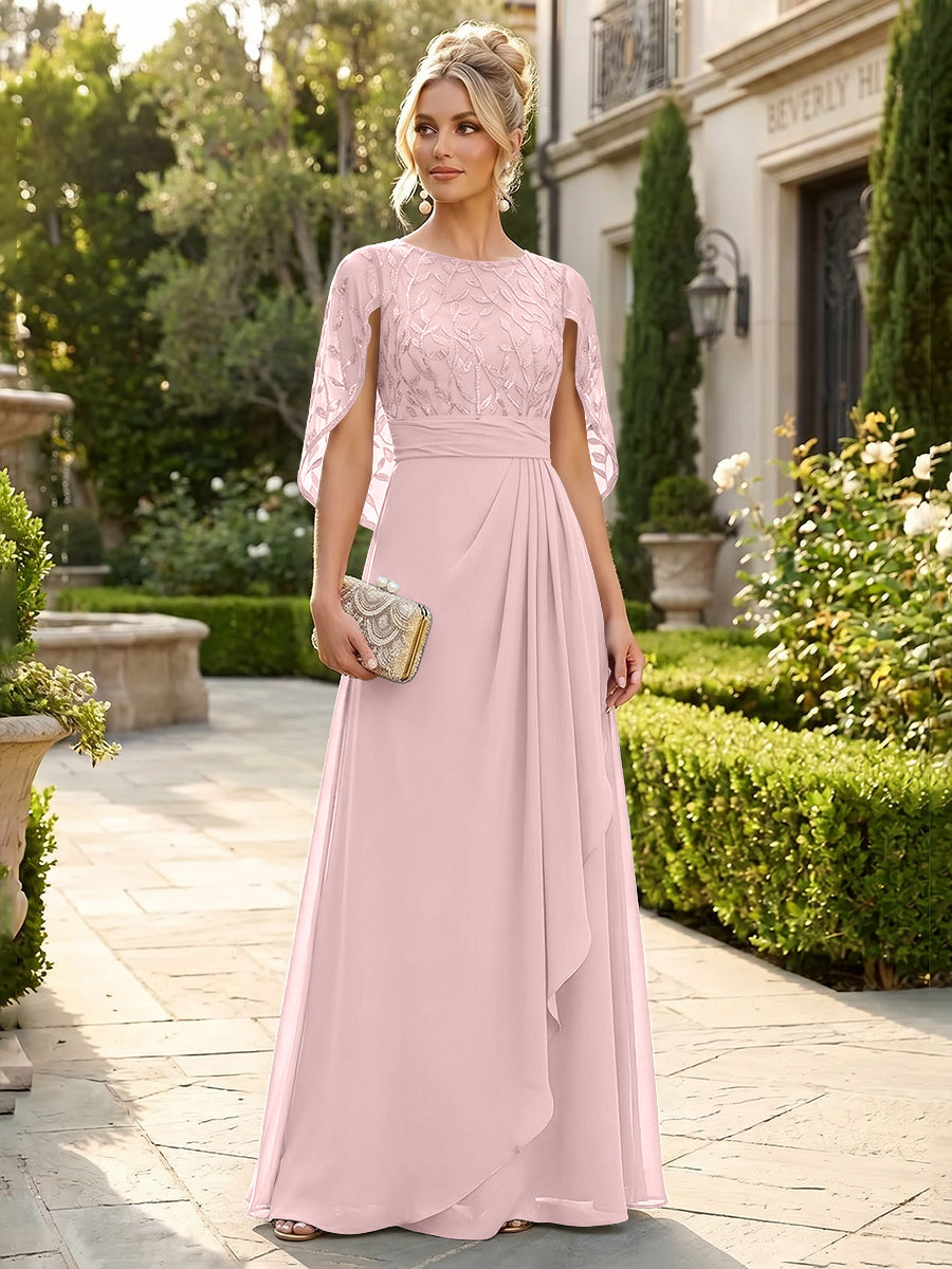A-Line Chiffon Cape Sleeves Floor-Length Mother of the Bride & Groom Dresses with Floral Sequin Bodice (SHI22500691)