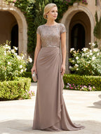 A Line/Princess Stand Collar Short Sleeve Long Elegant Mother of the Bride Dresses (SHI22500207)