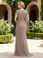 A Line/Princess Stand Collar Short Sleeve Long Elegant Mother of the Bride Dresses (SHI22500207)