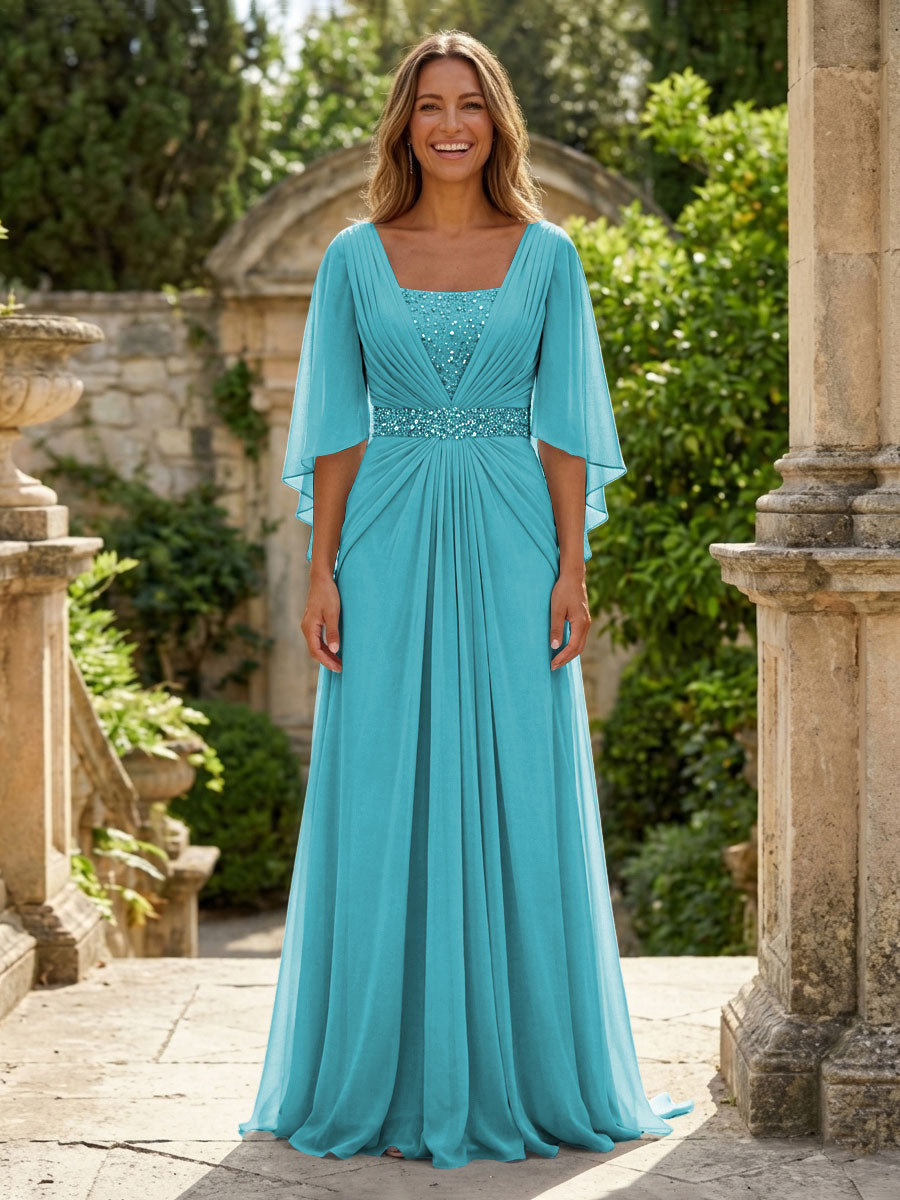 A-Line Chiffon Pleated Long Mother of the Bride & Groom Dresses with 3/4 Flutter Sleeves & Sequin Waist (SHI22500702)