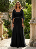 A-Line Chiffon Pleated Long Mother of the Bride & Groom Dresses with 3/4 Flutter Sleeves & Sequin Waist (SHI22500702)