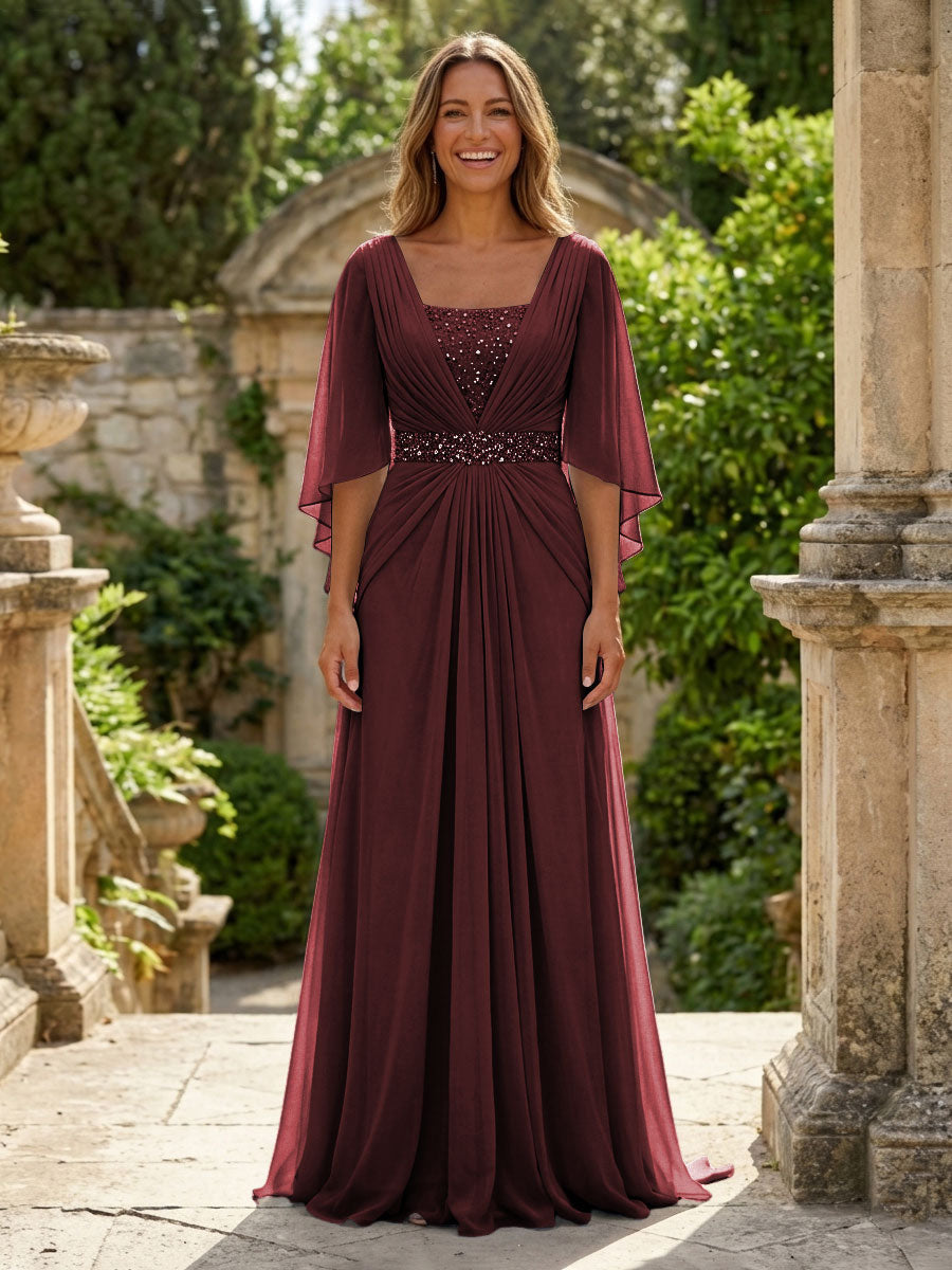 A-Line Chiffon Pleated Long Mother of the Bride & Groom Dresses with 3/4 Flutter Sleeves & Sequin Waist (SHI22500702)