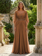 A-Line Chiffon Pleated Long Mother of the Bride & Groom Dresses with 3/4 Flutter Sleeves & Sequin Waist (SHI22500702)