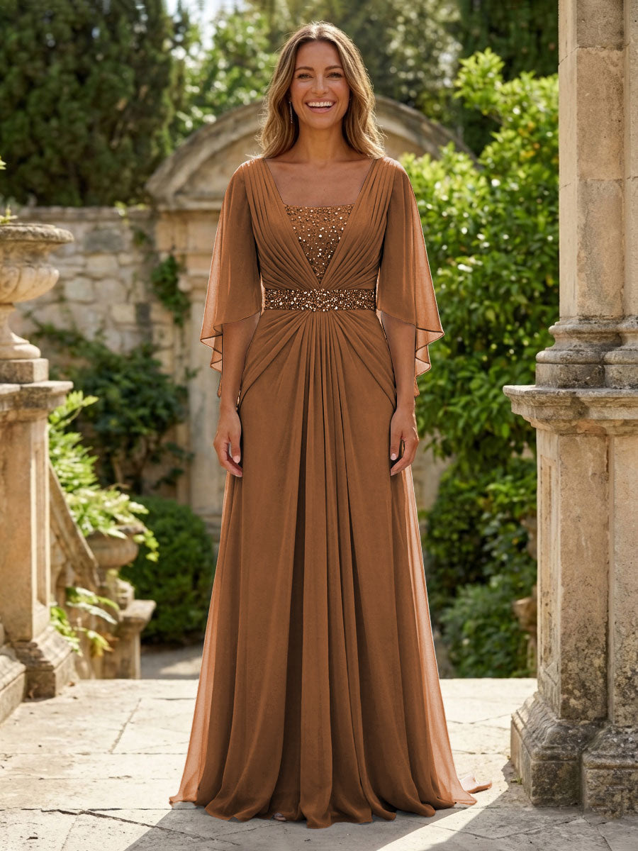 A-Line Chiffon Pleated Long Mother of the Bride & Groom Dresses with 3/4 Flutter Sleeves & Sequin Waist (SHI22500702)