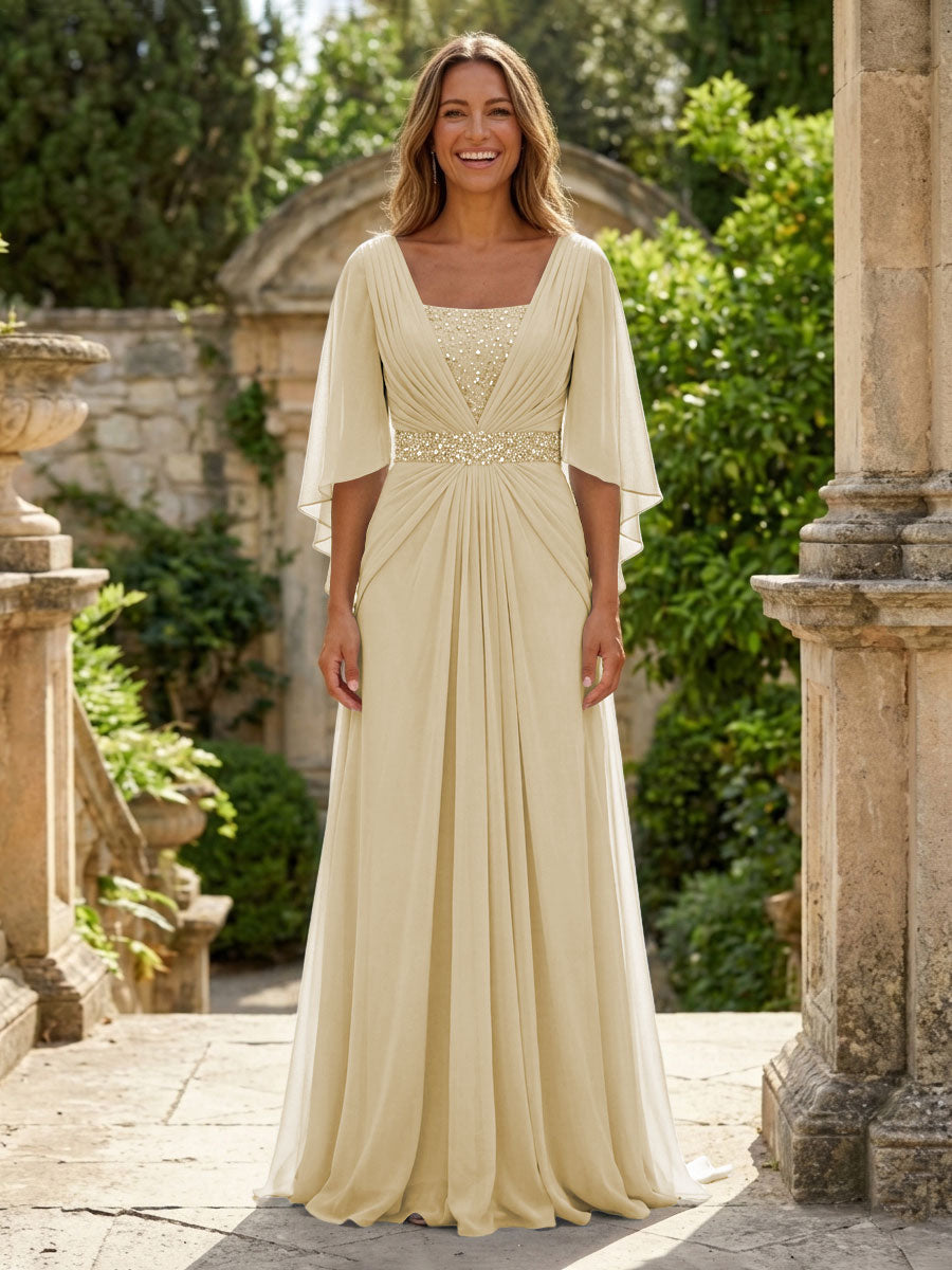 A-Line Chiffon Pleated Long Mother of the Bride & Groom Dresses with 3/4 Flutter Sleeves & Sequin Waist (SHI22500702)