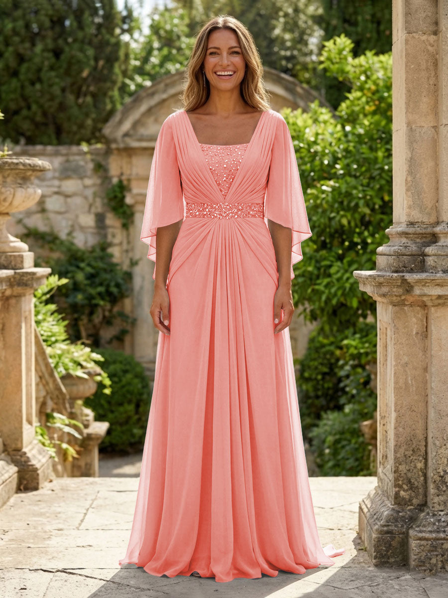 A-Line Chiffon Pleated Long Mother of the Bride & Groom Dresses with 3/4 Flutter Sleeves & Sequin Waist (SHI22500702)