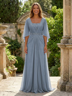 A-Line Chiffon Pleated Long Mother of the Bride & Groom Dresses with 3/4 Flutter Sleeves & Sequin Waist (SHI22500702)