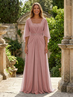 A-Line Chiffon Pleated Long Mother of the Bride & Groom Dresses with 3/4 Flutter Sleeves & Sequin Waist (SHI22500702)