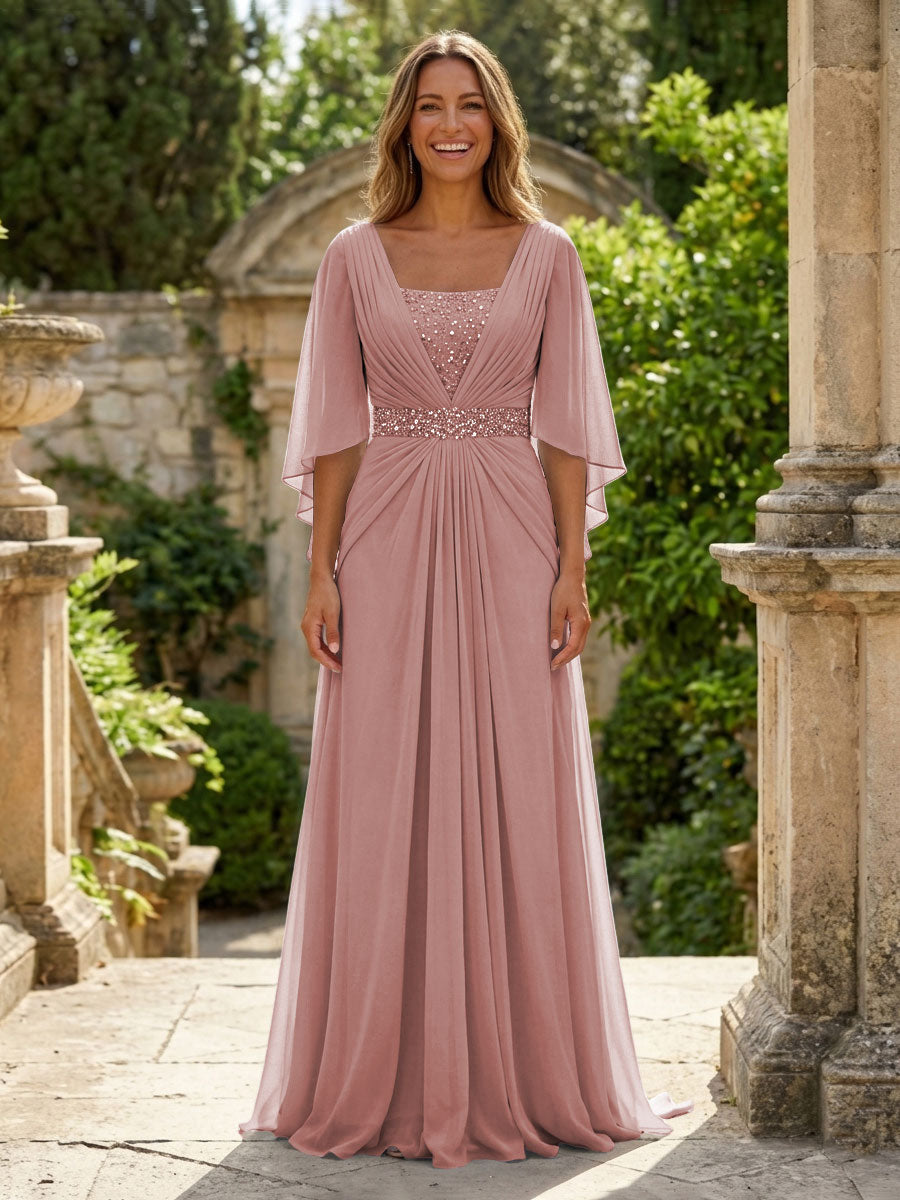 A-Line Chiffon Pleated Long Mother of the Bride & Groom Dresses with 3/4 Flutter Sleeves & Sequin Waist (SHI22500702)