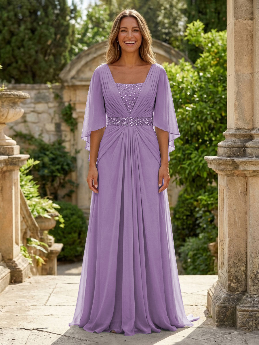 A-Line Chiffon Pleated Long Mother of the Bride & Groom Dresses with 3/4 Flutter Sleeves & Sequin Waist (SHI22500702)