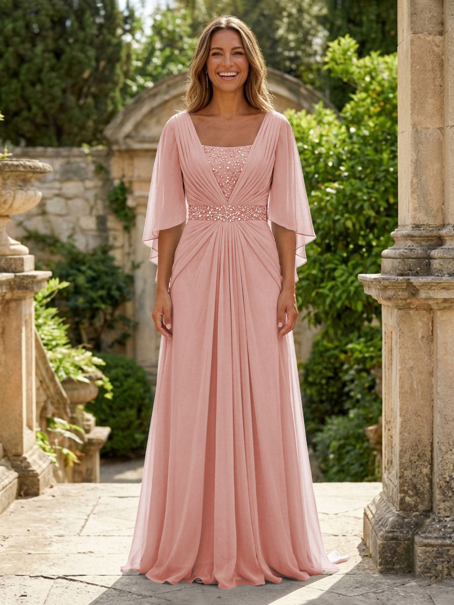 A-Line Chiffon Pleated Long Mother of the Bride & Groom Dresses with 3/4 Flutter Sleeves & Sequin Waist (SHI22500702)