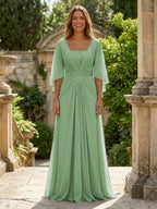 A-Line Chiffon Pleated Long Mother of the Bride & Groom Dresses with 3/4 Flutter Sleeves & Sequin Waist (SHI22500702)