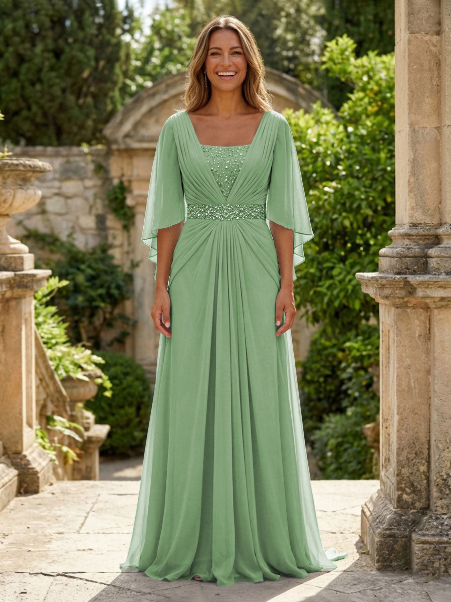 A-Line Chiffon Pleated Long Mother of the Bride & Groom Dresses with 3/4 Flutter Sleeves & Sequin Waist (SHI22500702)