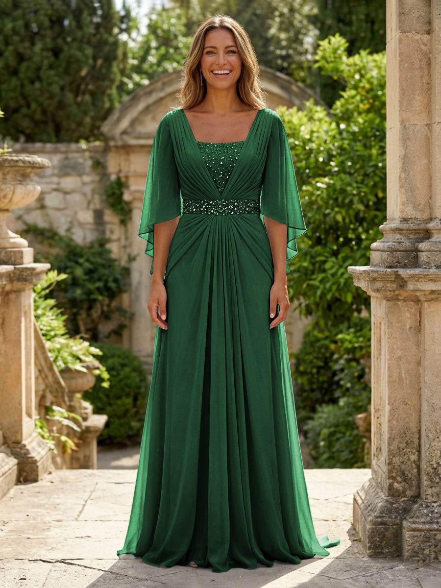 A-Line Chiffon Pleated Long Mother of the Bride & Groom Dresses with 3/4 Flutter Sleeves & Sequin Waist (SHI22500702)