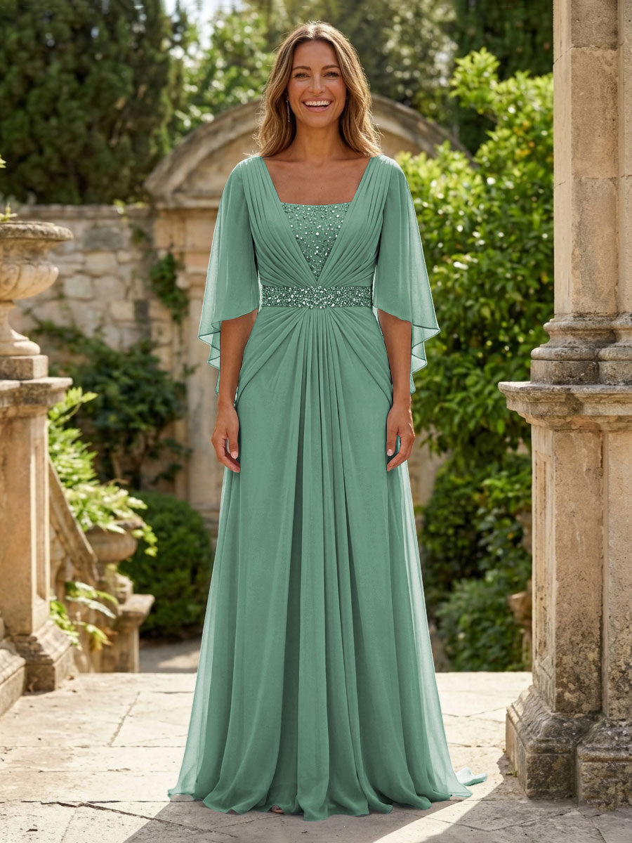 A-Line Chiffon Pleated Long Mother of the Bride & Groom Dresses with 3/4 Flutter Sleeves & Sequin Waist (SHI22500702)