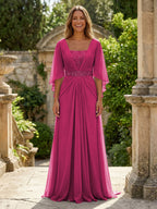 A-Line Chiffon Pleated Long Mother of the Bride & Groom Dresses with 3/4 Flutter Sleeves & Sequin Waist (SHI22500702)