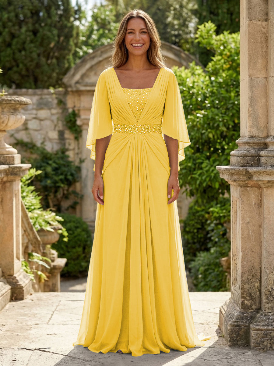 A-Line Chiffon Pleated Long Mother of the Bride & Groom Dresses with 3/4 Flutter Sleeves & Sequin Waist (SHI22500702)