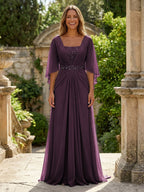A-Line Chiffon Pleated Long Mother of the Bride & Groom Dresses with 3/4 Flutter Sleeves & Sequin Waist (SHI22500702)