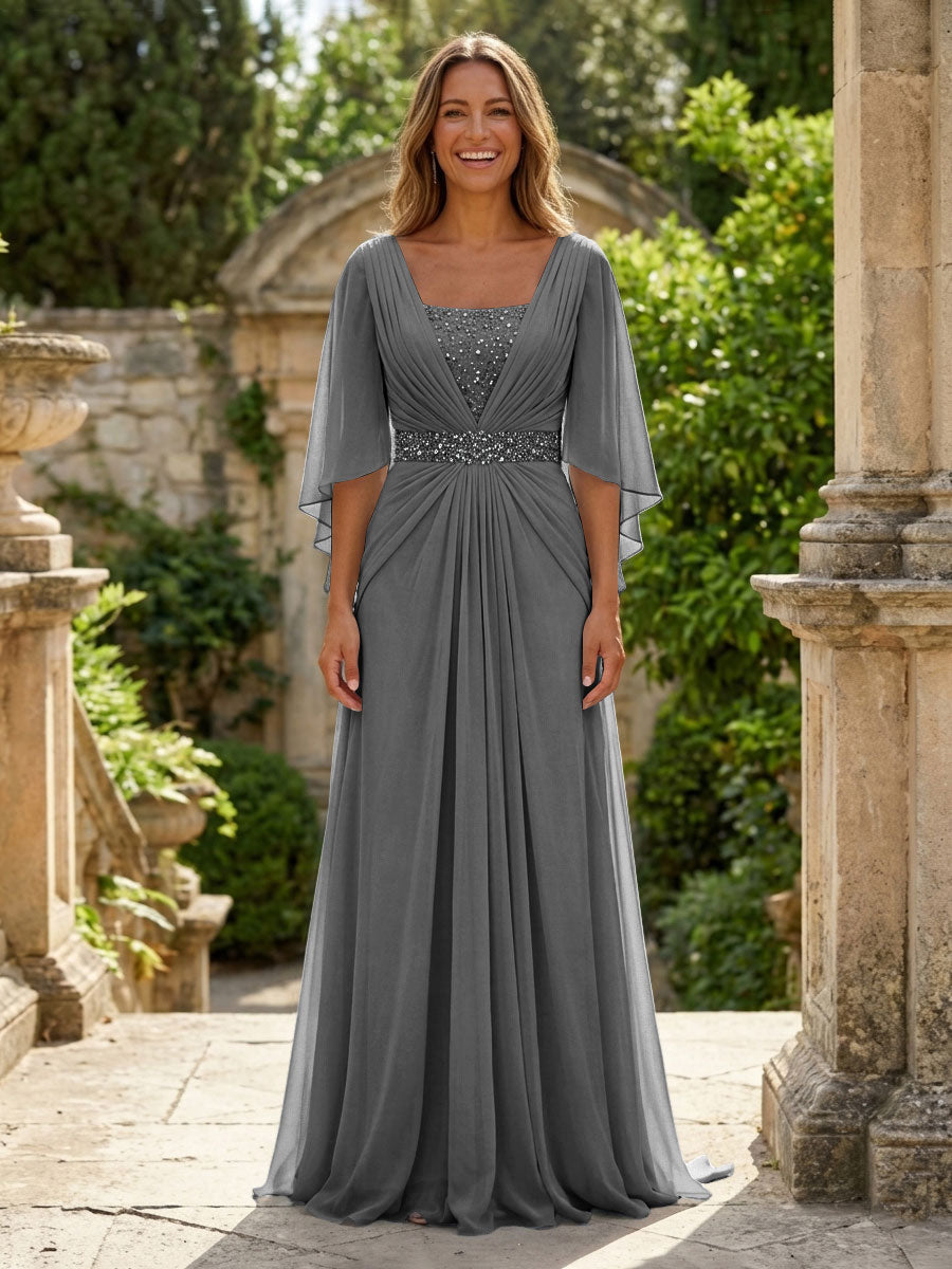 A-Line Chiffon Pleated Long Mother of the Bride & Groom Dresses with 3/4 Flutter Sleeves & Sequin Waist (SHI22500702)