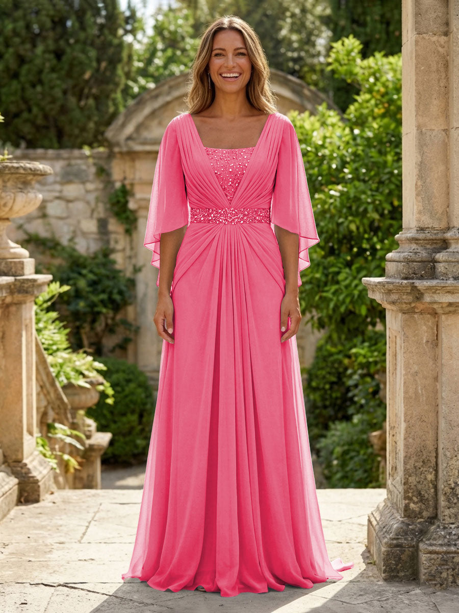 A-Line Chiffon Pleated Long Mother of the Bride & Groom Dresses with 3/4 Flutter Sleeves & Sequin Waist (SHI22500702)