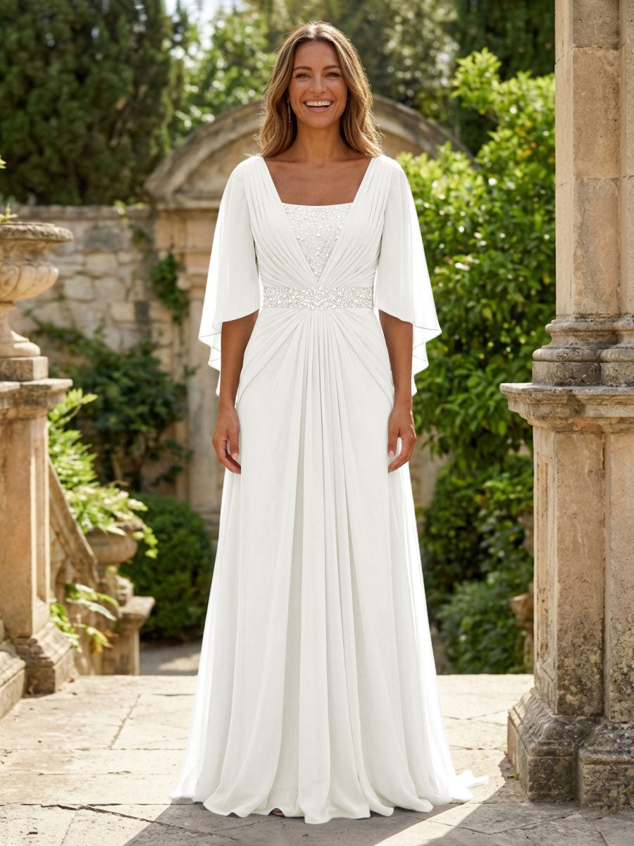 A-Line Chiffon Pleated Long Mother of the Bride & Groom Dresses with 3/4 Flutter Sleeves & Sequin Waist (SHI22500702)