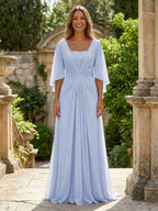 A-Line Chiffon Pleated Long Mother of the Bride & Groom Dresses with 3/4 Flutter Sleeves & Sequin Waist (SHI22500702)