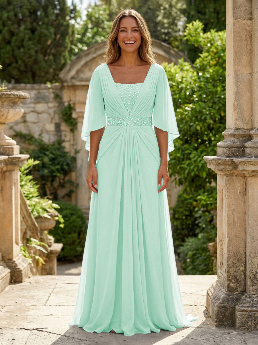 A-Line Chiffon Pleated Long Mother of the Bride & Groom Dresses with 3/4 Flutter Sleeves & Sequin Waist (SHI22500702)
