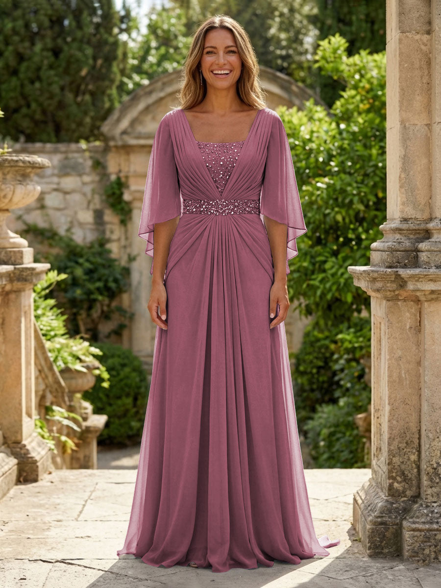 A-Line Chiffon Pleated Long Mother of the Bride & Groom Dresses with 3/4 Flutter Sleeves & Sequin Waist (SHI22500702)