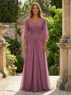 A-Line Chiffon Pleated Long Mother of the Bride & Groom Dresses with 3/4 Flutter Sleeves & Sequin Waist (SHI22500702)