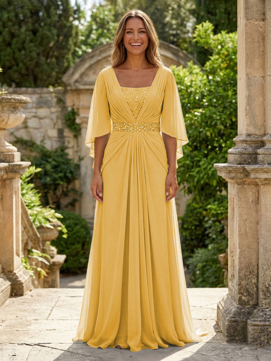 A-Line Chiffon Pleated Long Mother of the Bride & Groom Dresses with 3/4 Flutter Sleeves & Sequin Waist (SHI22500702)