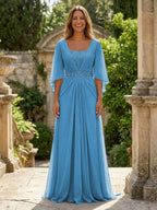 A-Line Chiffon Pleated Long Mother of the Bride & Groom Dresses with 3/4 Flutter Sleeves & Sequin Waist (SHI22500702)
