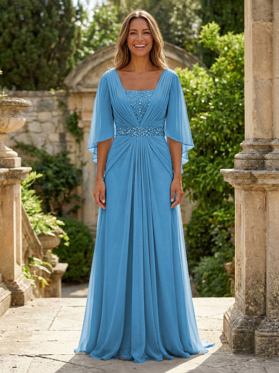 A-Line Chiffon Pleated Long Mother of the Bride & Groom Dresses with 3/4 Flutter Sleeves & Sequin Waist (SHI22500702)