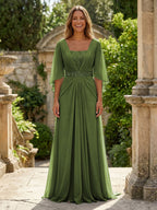 A-Line Chiffon Pleated Long Mother of the Bride & Groom Dresses with 3/4 Flutter Sleeves & Sequin Waist (SHI22500702)