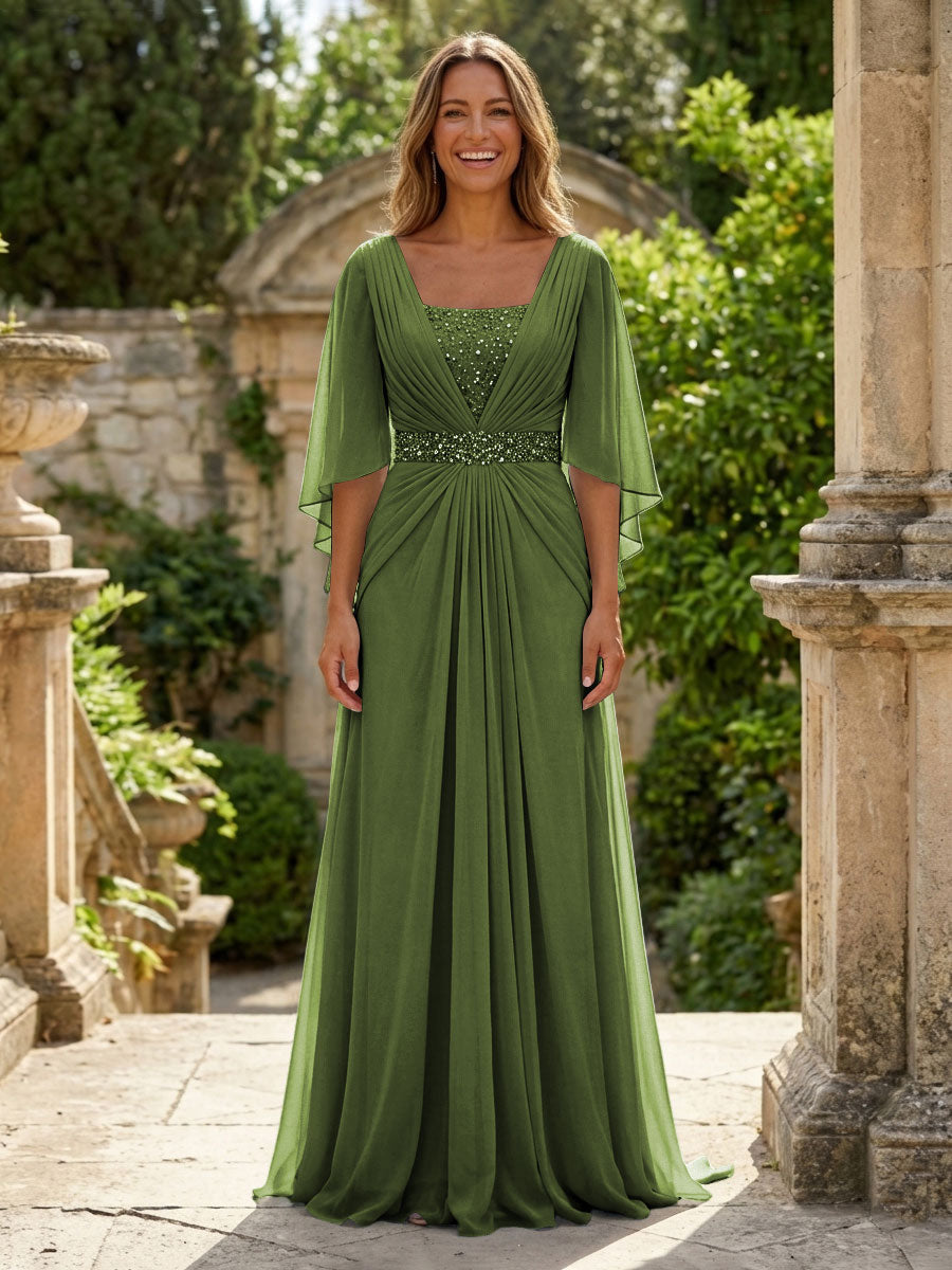 A-Line Chiffon Pleated Long Mother of the Bride & Groom Dresses with 3/4 Flutter Sleeves & Sequin Waist (SHI22500702)